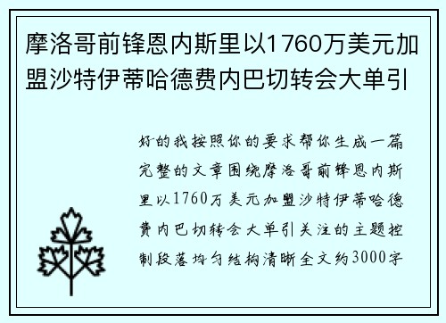 摩洛哥前锋恩内斯里以1760万美元加盟沙特伊蒂哈德费内巴切转会大单引关注