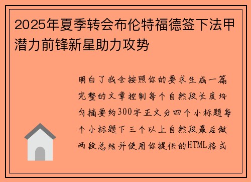 2025年夏季转会布伦特福德签下法甲潜力前锋新星助力攻势 2025年夏季转会布伦特福德签下法甲潜力前锋新星助力攻势